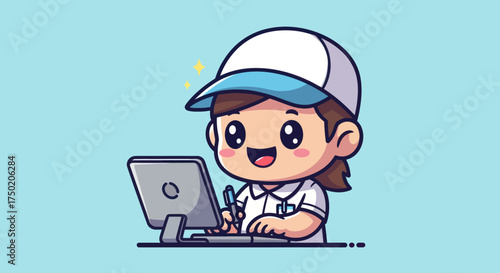 Cartoon woman in cap smiles, working at a computer on light blue background