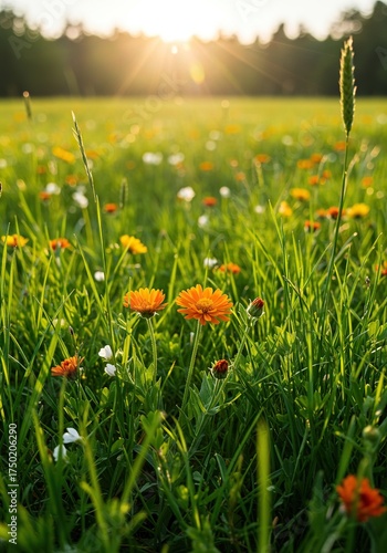 Vibrant wildflowers delicately bloom within lush green grass under soft sunlight, creating a picturesque and serene natural landscape ,summer ,texture ,flora