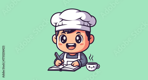 Cartoon chef with hat, apron, writing in book, next to smiling cup