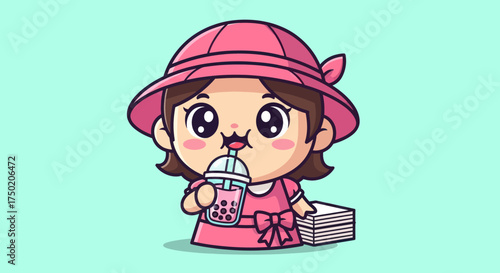 Cartoon girl in pink hat sips bubble tea, stacked books beside her