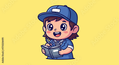 Cartoon character in uniform writing in notebook on yellow backdrop