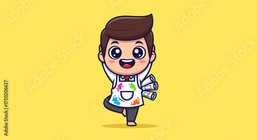 Cartoon artist balancing, wearing paint-splattered apron