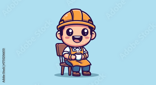 Relaxing worker cartoon character with hard hat and coffee