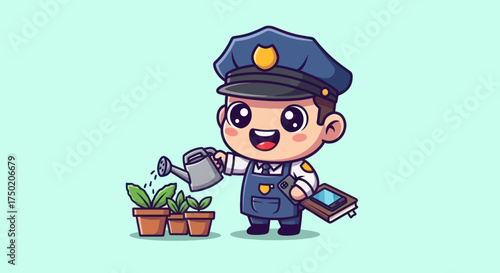 Cartoon police officer watering plants in pots, holding phone and notepad, set on blue backdrop