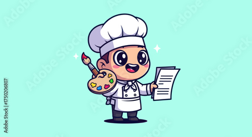 Smiling cartoon chef holding a palette and list