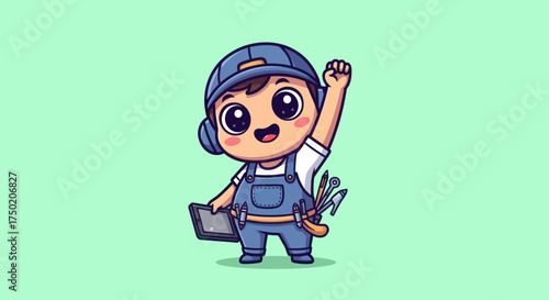 Animated young worker, hat, tools, tablet raised fist