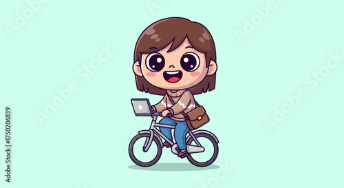 Cartoon character biking with a laptop and messenger bag