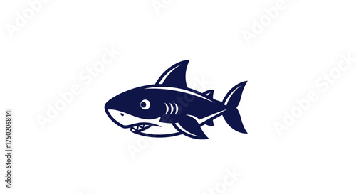 Stylized navy shark with visible teeth, fin, and tail on a white background