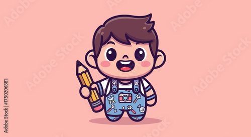 Cartoon boy in overalls holds pencil