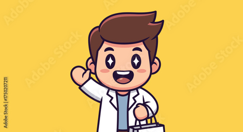 Cartoon scientist waving, holding a small bag, on a yellow background