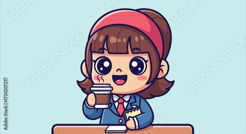 Kawaii cartoon businesswoman with coffee and notepad at desk
