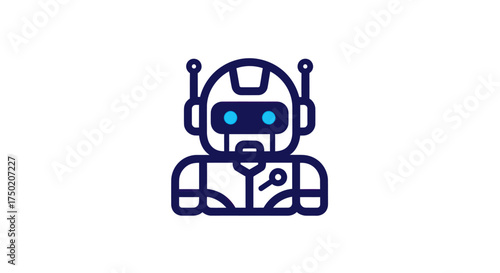 Stylized robot icon in dark blue with bright blue eyes, white background