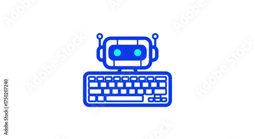 Blue vector cartoon robot typing on keyboard, eyes illuminated on white