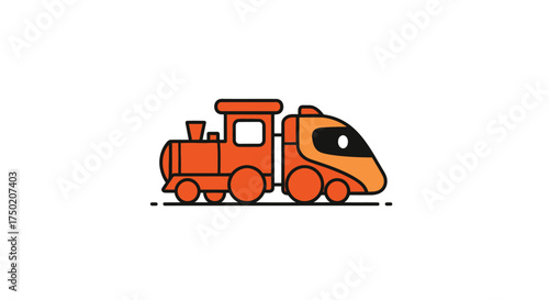 Cartoon drawing of a train with an orange locomotive and modern car