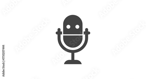 Simple dark grey microphone icon with stand on a plain white background