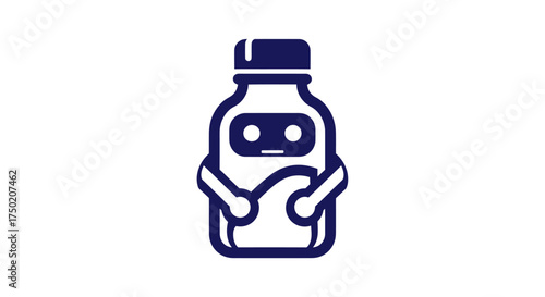 Bottle-shaped robot with arms and minimal face in dark blue outline on white