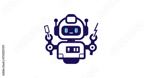 Cartoon vector robot with bolts, antennae, and a light blue-lit screen