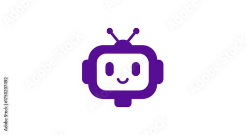 Cute purple cartoon robot with antenna on white background