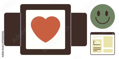 Heart in center, green happy face, and interface window with graphs and text. Ideal for wellness, emotions, relationships, technology, feedback, happiness connections simple flat metaphor