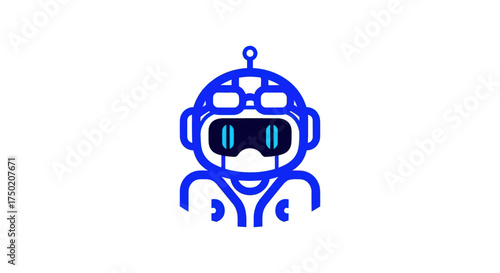 Blue robot outline with glasses, antenna, and monitor eyes on white