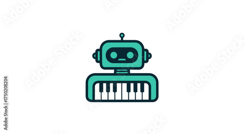 Teal cartoon robot with a piano keyboard body on a white background