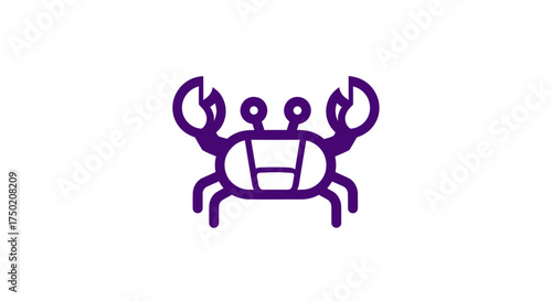 Purple crab line icon on white, facing forward with open claws