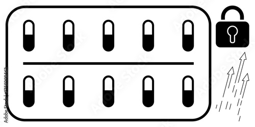 Pills within a blister pack split by a divider, a padlock symbolizing security, and arrows pointing upward. Ideal for health, medication, safety, progress, protection, innovation and efficiency