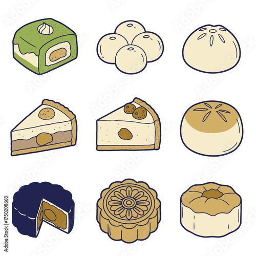 A vibrant illustrated collection of diverse delicious Asian-inspired pastries and desserts, featuring traditional mooncakes, steamed buns, and modern cheesecake slices.