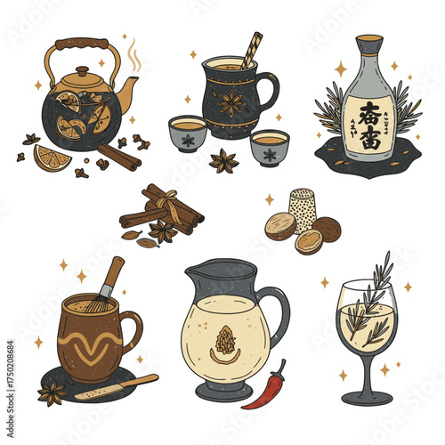 A charming hand-drawn collection presents various spiced drinks, traditional teas, aromatic coffees, and refreshing infused cocktails, with a cozy vintage style.