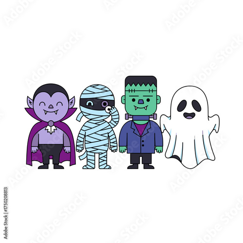 Flat Cartoon Monsters Set for Halloween Design and Party Decoration Vector