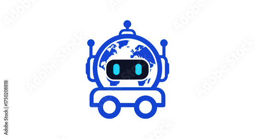 Cute blue robot icon with earth map head and wheel base on white