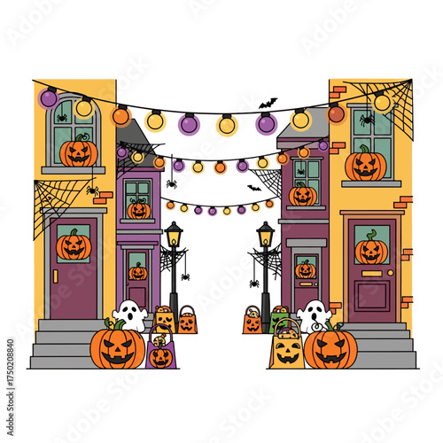 Flat Cartoon Illustration of Halloween Celebration Street with Decorations