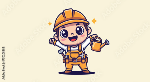 Cartoon tradesman with a watering can and tools, smiling
