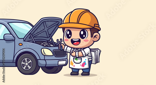 Cartoon mechanic fixing car