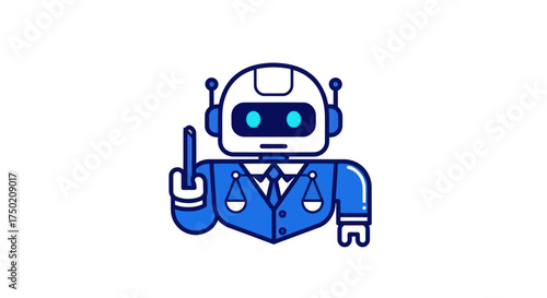 Robot wearing blue suit, holding up a finger