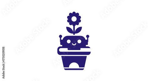 Blue robot planter with a flower