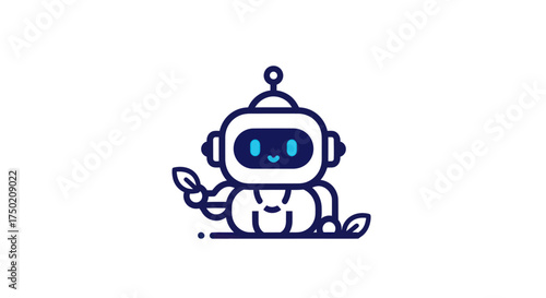 Cute robot holding leaf, simplistic line drawing on a white background