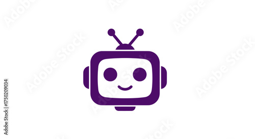 Purple robot head with antenna and happy face on a white background