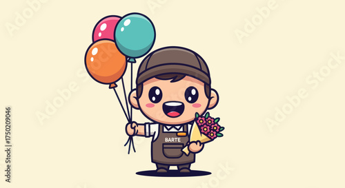 Cartoon character with balloons and flowers