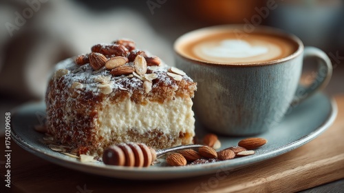 Inviting almond cake with powdered sugar served alongside a creamy coffee drink