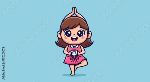 Cute cartoon girl in tree pose holding coffee