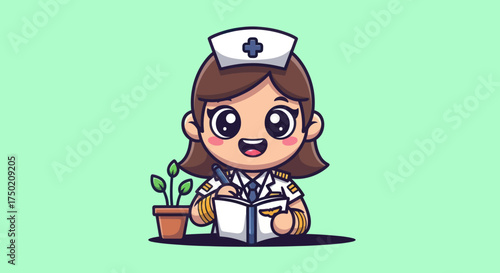 Cartoon pilot-nurse writes in notebook next to potted plant