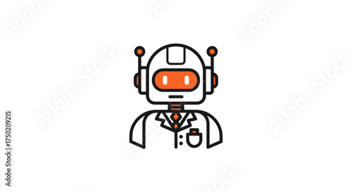 Robot in lab coat, orange accents
