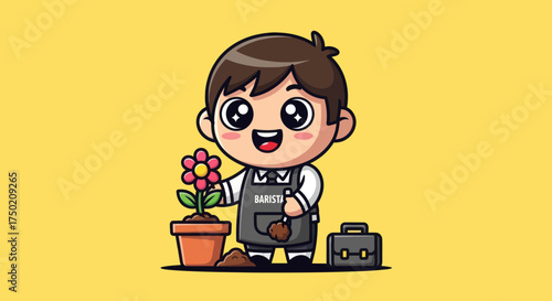 Smiling barista-boy planting flower, apron-clad, briefcase, yellow backdrop