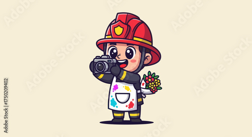 Cartoon firefighter in apron takes photo, holding flowers