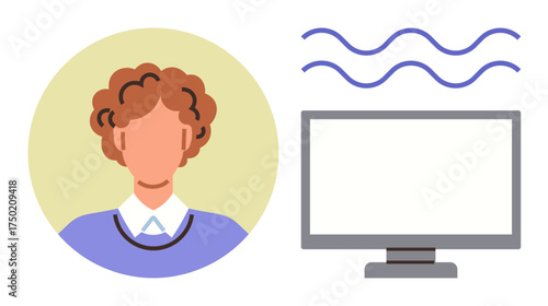 Person with curly hair and blue shirt viewing screen with data waves, symbolizing communication, technology, online interaction. Ideal for user experience, remote work, networking, IT, education