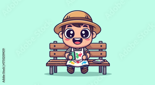 Cartoon artist on bench