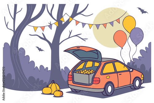 Car trunk filled with candy preparing for a Halloween event
