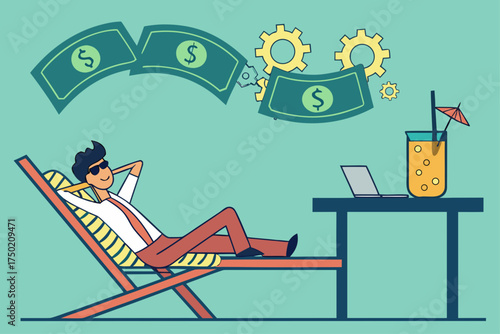 Businessman relaxing on deckchair while money is generated online