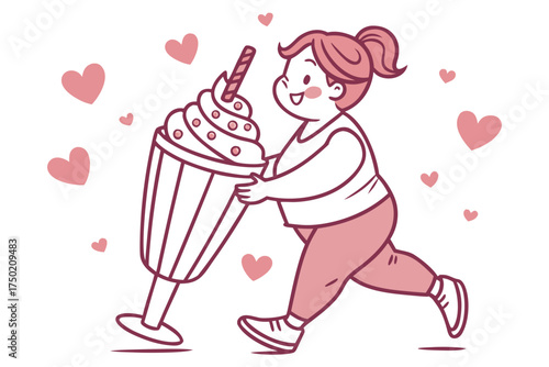 Cartoon woman joyfully running with a giant milkshake